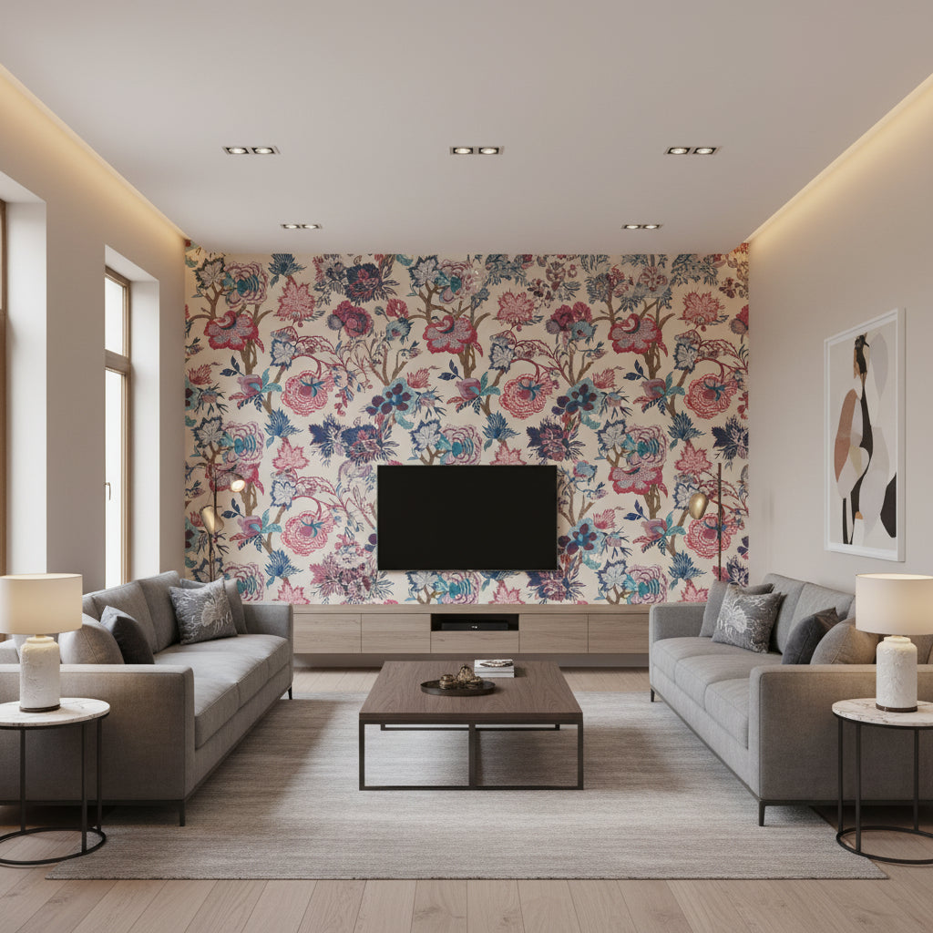 Indienne Jacobean Raspberry and Blue on Natural | Thibaut Wallcoverings - Living Room Visualization (AI-generated, may not be to scale. Verify pattern scale with product specifications.)