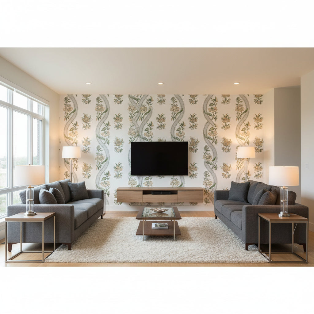 Ribbon Floral Green | Thibaut Wallcoverings - Living Room Visualization (AI-generated, may not be to scale. Verify pattern scale with product specifications.)