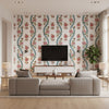 Ribbon Floral Raspberry and Teal | Thibaut Wallcoverings - Living Room Visualization (AI-generated, may not be to scale. Verify pattern scale with product specifications.)