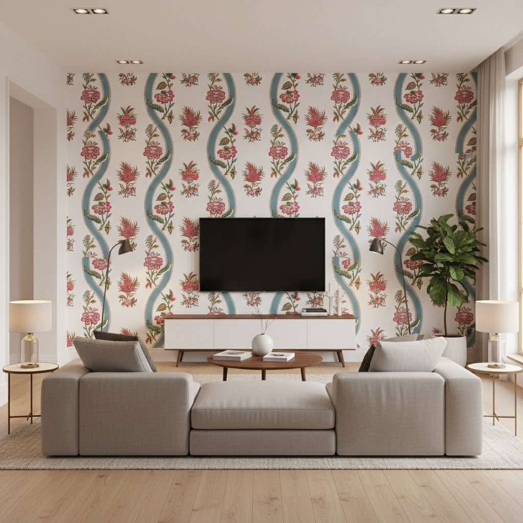 Ribbon Floral Raspberry and Teal | Thibaut Wallcoverings - Living Room Visualization (AI-generated, may not be to scale. Verify pattern scale with product specifications.)