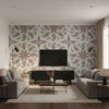 East India Raspberry and Teal | Thibaut Wallcoverings - Living Room Visualization (AI-generated, may not be to scale. Verify pattern scale with product specifications.)