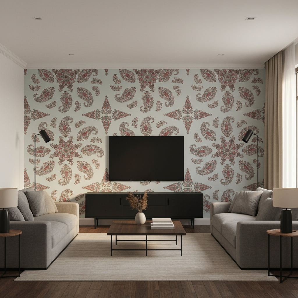 East India Raspberry and Teal | Thibaut Wallcoverings - Living Room Visualization (AI-generated, may not be to scale. Verify pattern scale with product specifications.)