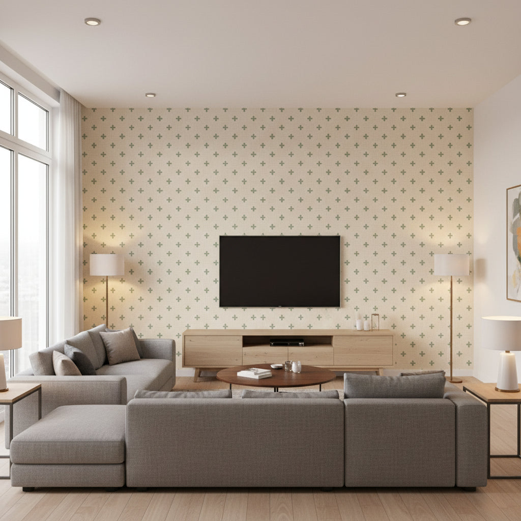 Bethany Green on Off White | Thibaut Wallcoverings - Living Room Visualization (AI-generated, may not be to scale. Verify pattern scale with product specifications.)