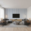 Maggie Stripe Blue | Thibaut Wallcoverings - Living Room Visualization (AI-generated, may not be to scale. Verify pattern scale with product specifications.)