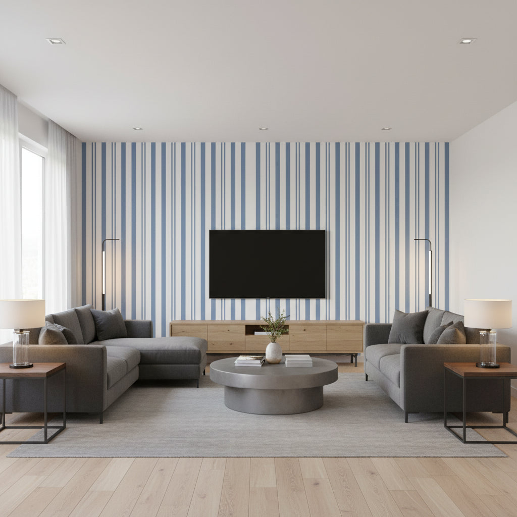 Maggie Stripe Blue | Thibaut Wallcoverings - Living Room Visualization (AI-generated, may not be to scale. Verify pattern scale with product specifications.)