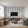 Cambridge Stripe Blue | Thibaut Wallcoverings - Living Room Visualization (AI-generated, may not be to scale. Verify pattern scale with product specifications.)