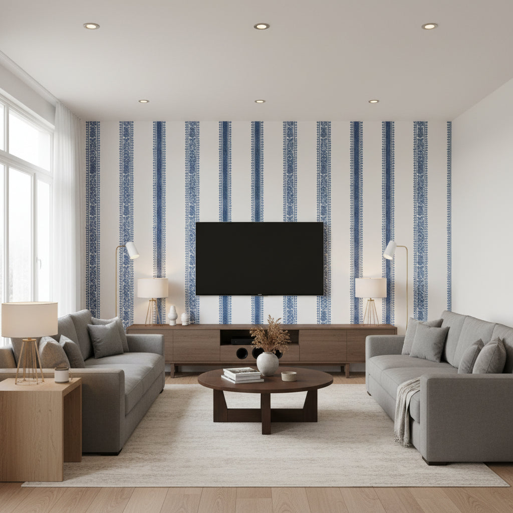 Cambridge Stripe Blue | Thibaut Wallcoverings - Living Room Visualization (AI-generated, may not be to scale. Verify pattern scale with product specifications.)