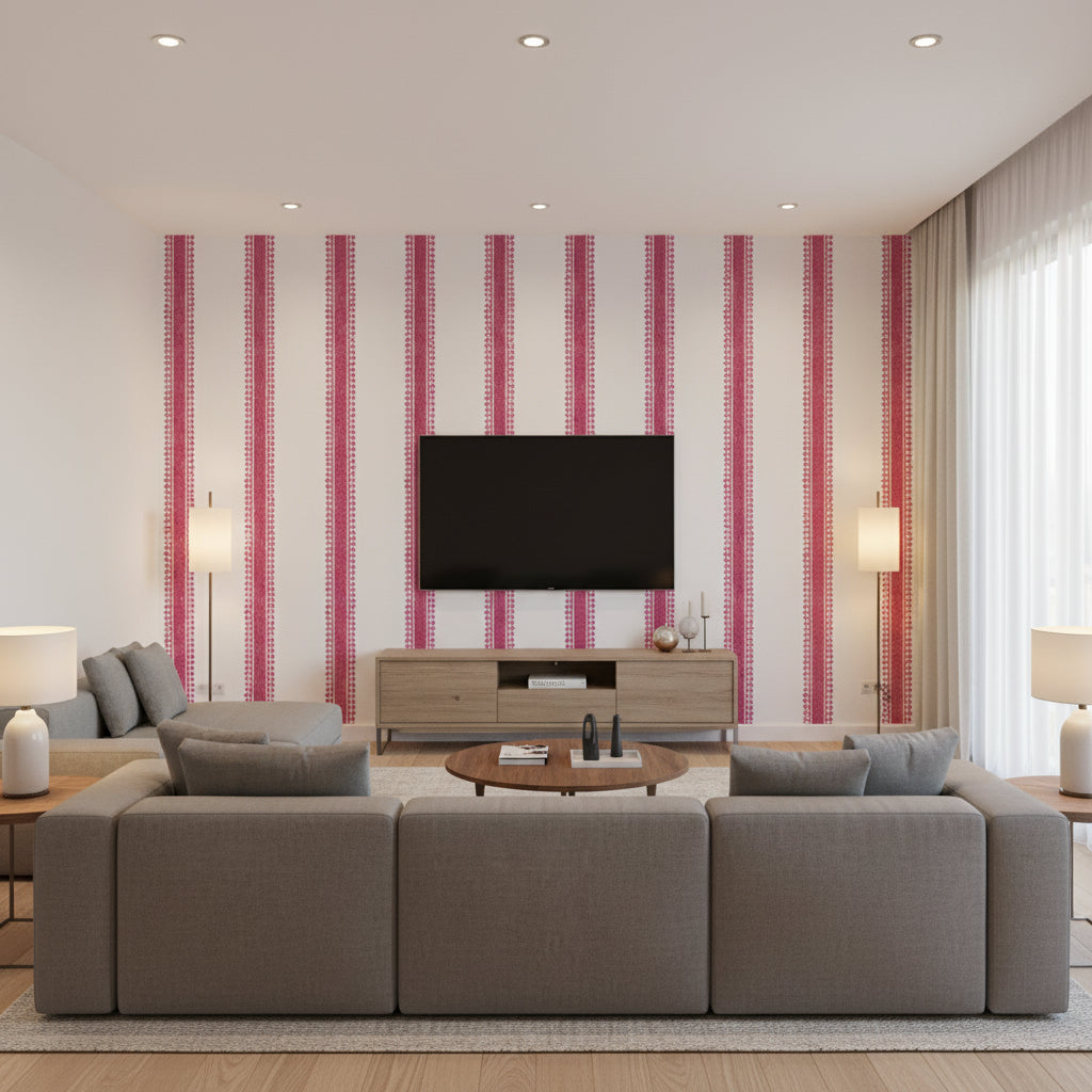 Cambridge Stripe Raspberry | Thibaut Wallcoverings - Living Room Visualization (AI-generated, may not be to scale. Verify pattern scale with product specifications.)