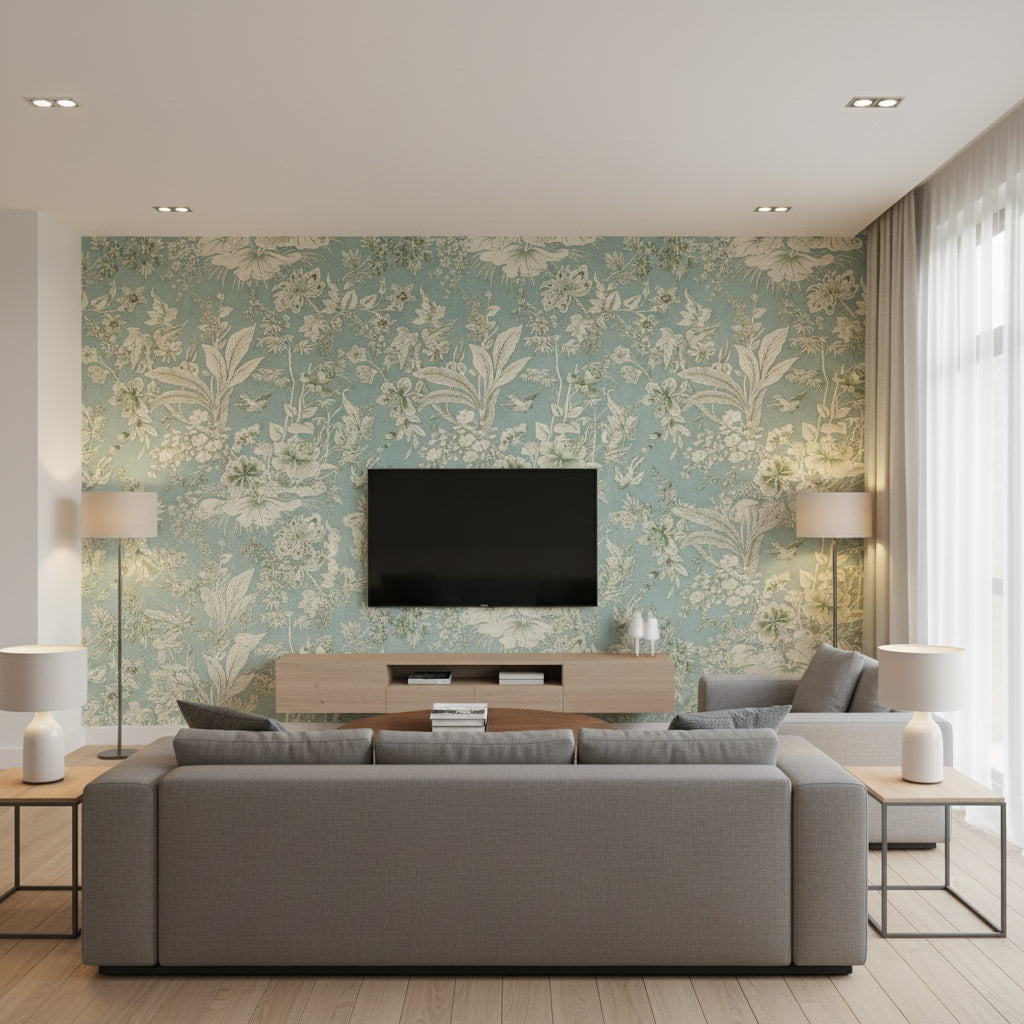 Rosalind Mist | Thibaut Wallcoverings - Living Room Visualization (AI-generated, may not be to scale. Verify pattern scale with product specifications.)