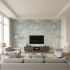 Rosalind Spa Blue | Thibaut Wallcoverings - Living Room Visualization (AI-generated, may not be to scale. Verify pattern scale with product specifications.)
