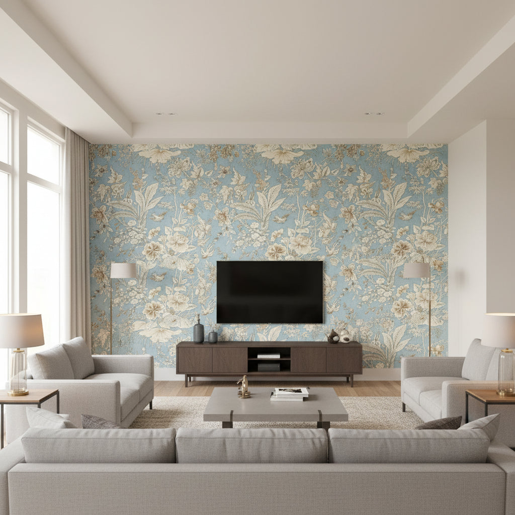 Rosalind Spa Blue | Thibaut Wallcoverings - Living Room Visualization (AI-generated, may not be to scale. Verify pattern scale with product specifications.)