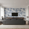 Grand Palace Blue and White | Thibaut Wallcoverings - Living Room Visualization (AI-generated, may not be to scale. Verify pattern scale with product specifications.)