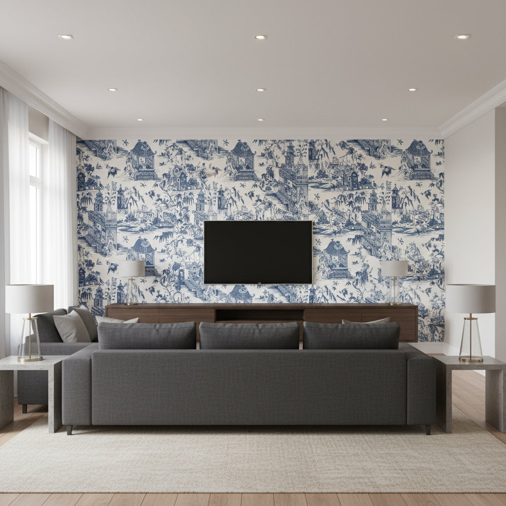 Grand Palace Blue and White | Thibaut Wallcoverings - Living Room Visualization (AI-generated, may not be to scale. Verify pattern scale with product specifications.)