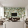 Grand Palace Mist | Thibaut Wallcoverings - Living Room Visualization (AI-generated, may not be to scale. Verify pattern scale with product specifications.)