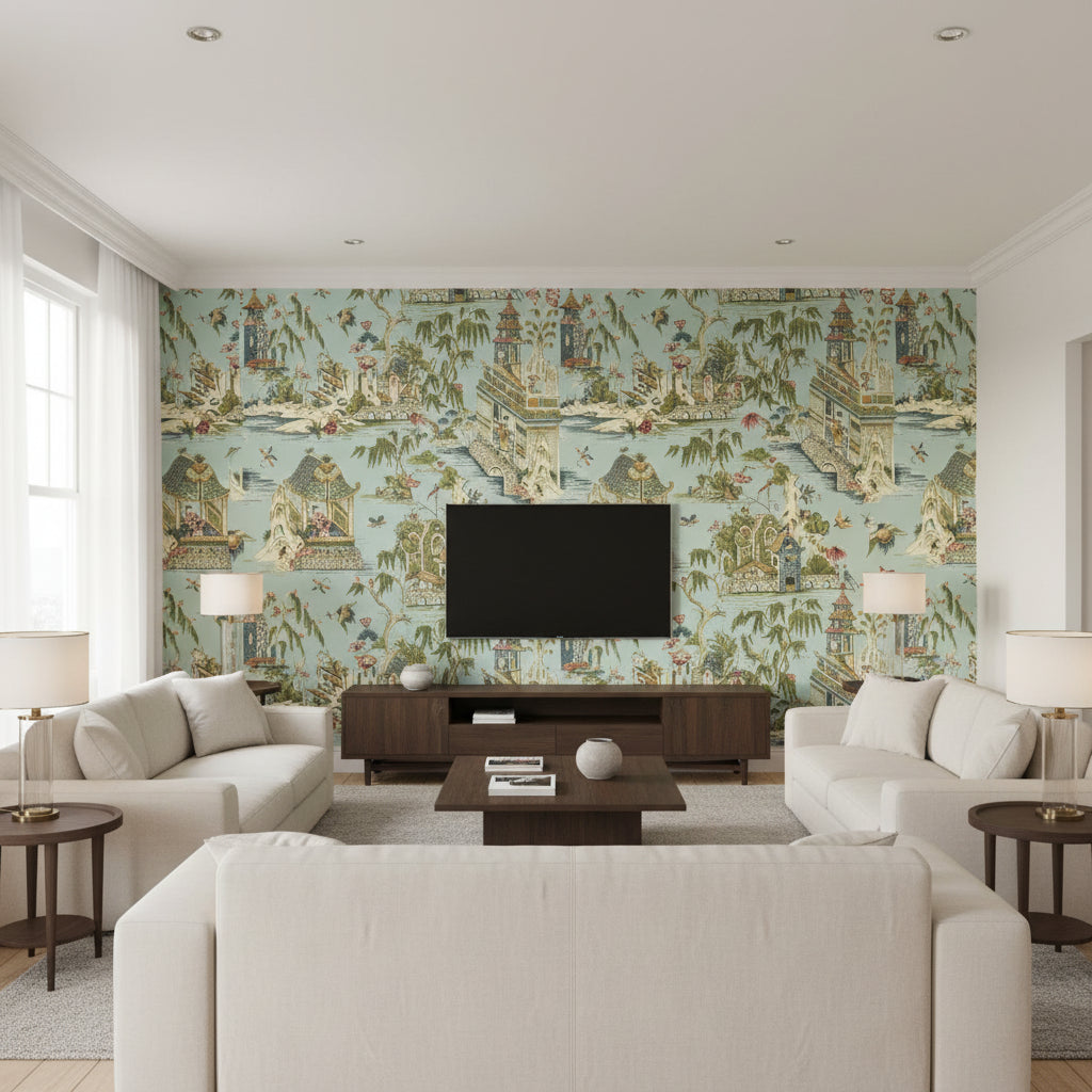 Grand Palace Mist | Thibaut Wallcoverings - Living Room Visualization (AI-generated, may not be to scale. Verify pattern scale with product specifications.)