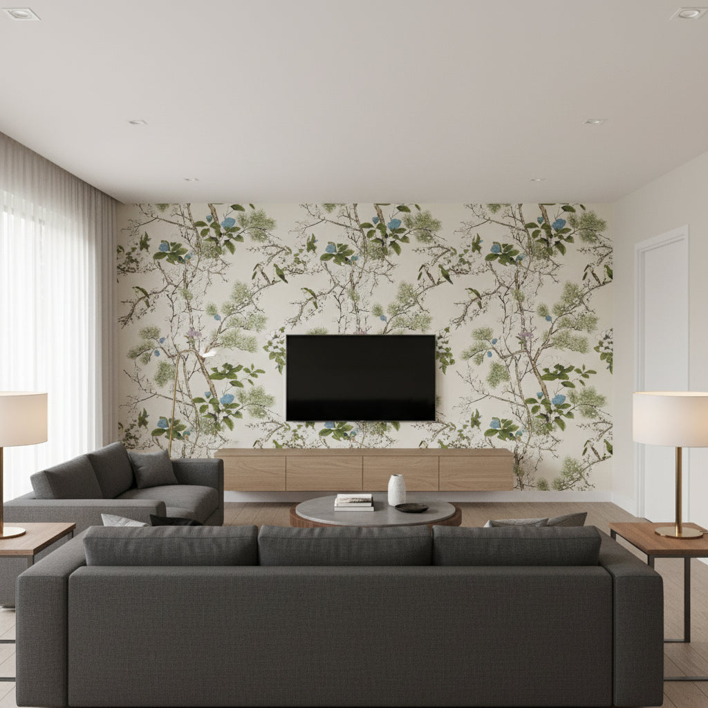 Katsura Cream and Lavender | Thibaut Wallcoverings - Living Room Visualization (AI-generated, may not be to scale. Verify pattern scale with product specifications.)