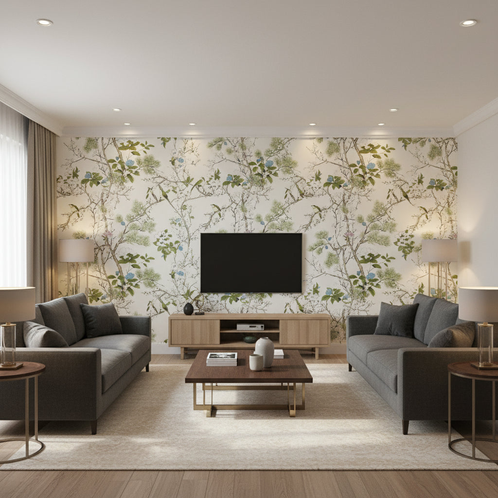 Katsura Cream and Lavender | Thibaut Wallcoverings - Living Room Visualization (AI-generated, may not be to scale. Verify pattern scale with product specifications.)