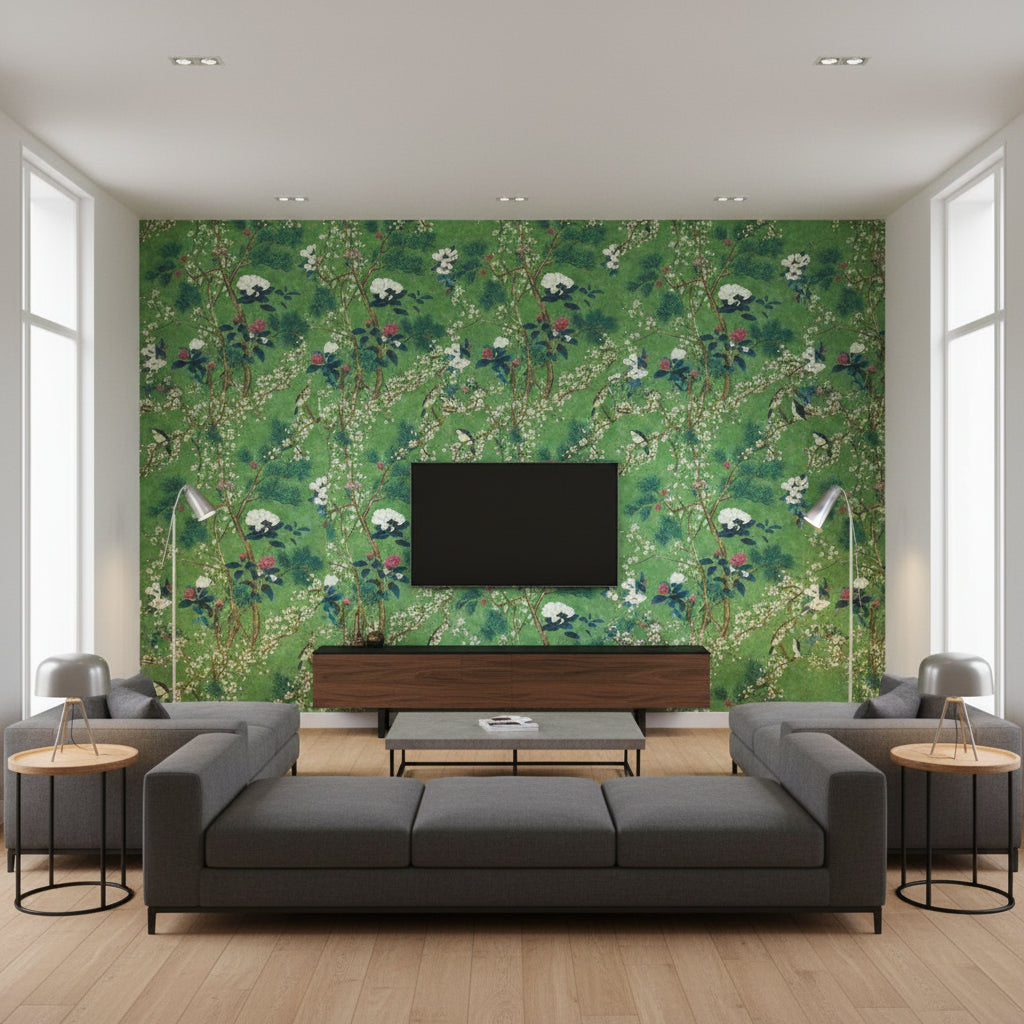 Katsura Emerald | Thibaut Wallcoverings - Living Room Visualization (AI-generated, may not be to scale. Verify pattern scale with product specifications.)