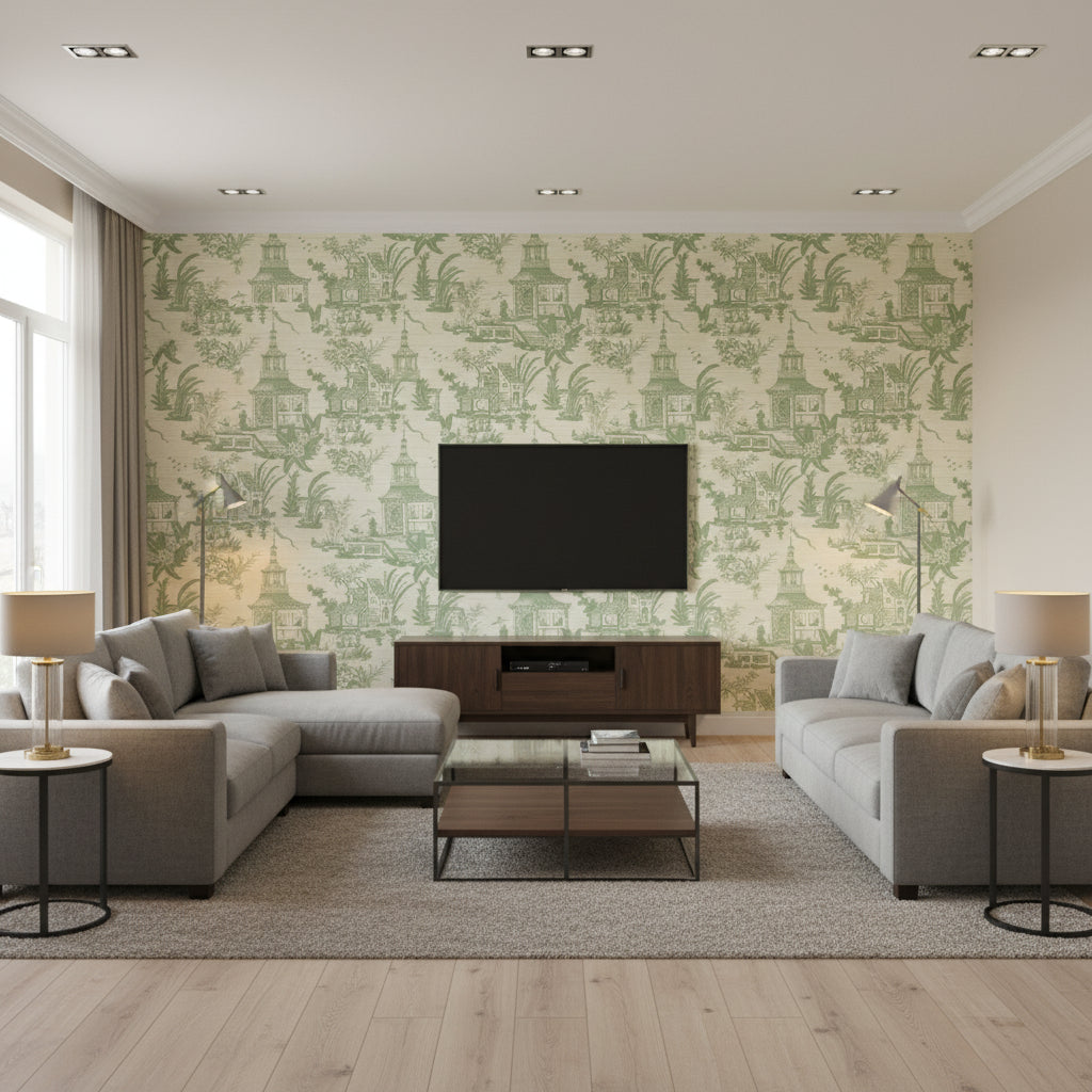 Empress Court Green | Thibaut Wallcoverings - Living Room Visualization (AI-generated, may not be to scale. Verify pattern scale with product specifications.)