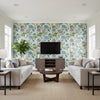 Hill Garden Spa Blue | Thibaut Wallcoverings - Living Room Visualization (AI-generated, may not be to scale. Verify pattern scale with product specifications.)