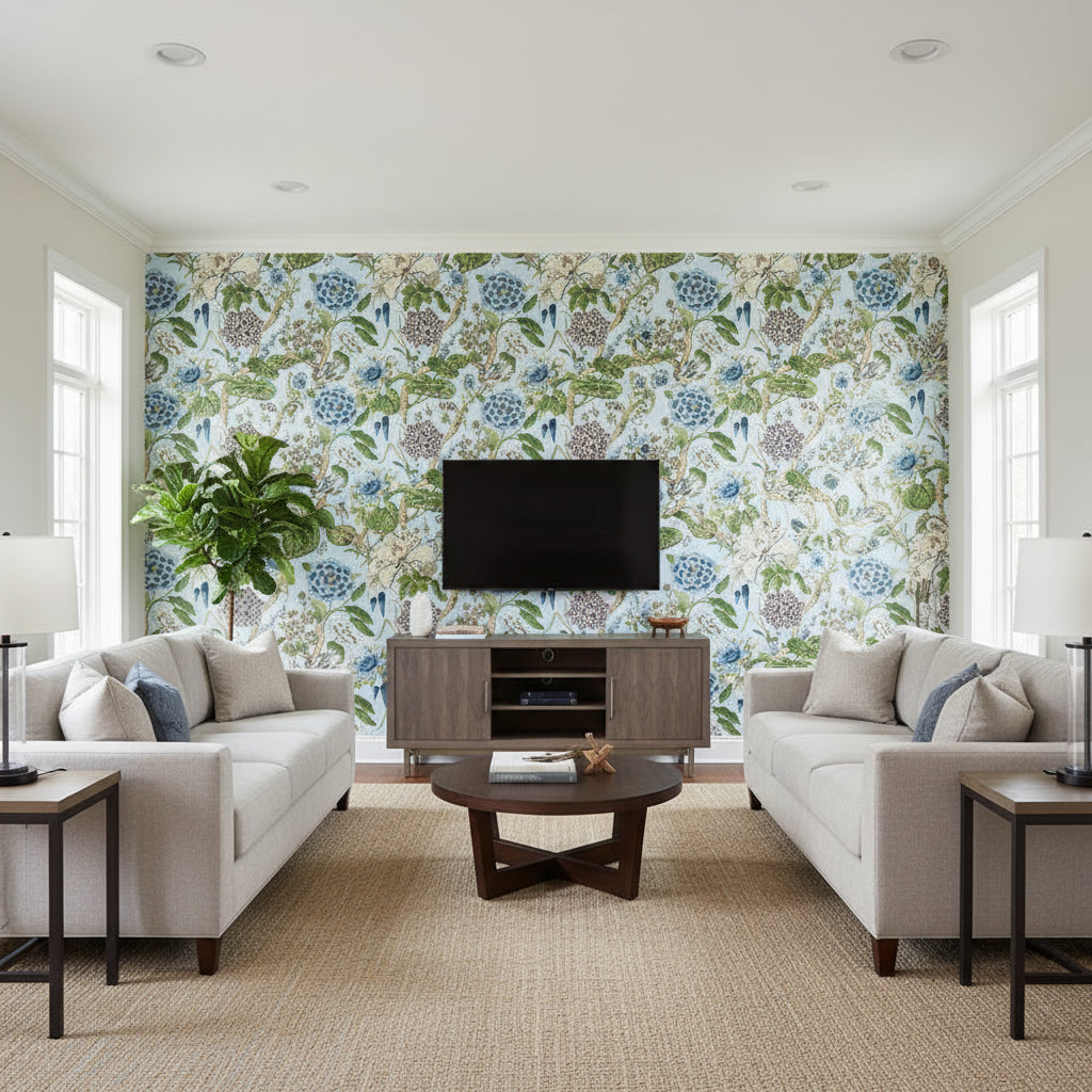 Hill Garden Spa Blue | Thibaut Wallcoverings - Living Room Visualization (AI-generated, may not be to scale. Verify pattern scale with product specifications.)
