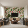 Hill Garden Coral and Green | Thibaut Wallcoverings - Living Room Visualization (AI-generated, may not be to scale. Verify pattern scale with product specifications.)