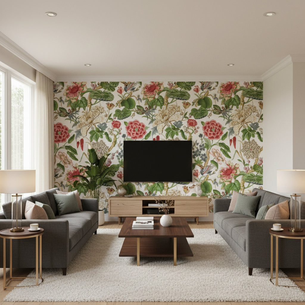 Hill Garden Coral and Green | Thibaut Wallcoverings - Living Room Visualization (AI-generated, may not be to scale. Verify pattern scale with product specifications.)