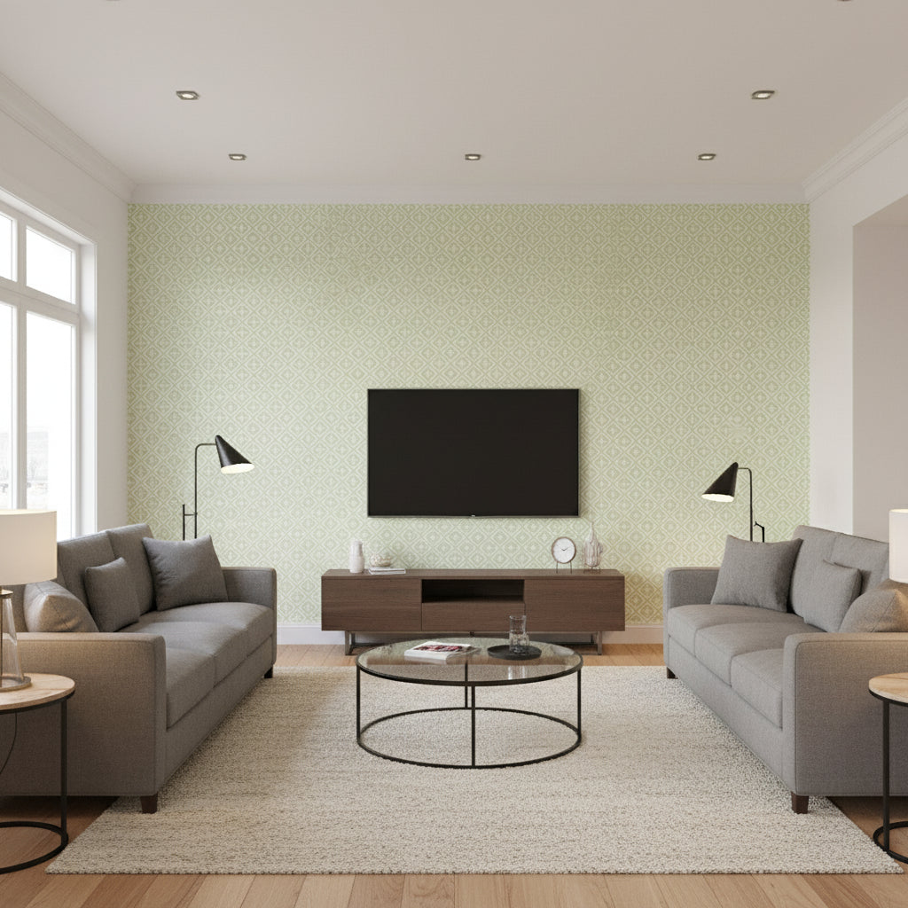 Holiday Trellis Green | Thibaut Wallcoverings - Living Room Visualization (AI-generated, may not be to scale. Verify pattern scale with product specifications.)