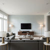 Arbor Spa Blue | Thibaut Wallcoverings - Living Room Visualization (AI-generated, may not be to scale. Verify pattern scale with product specifications.)