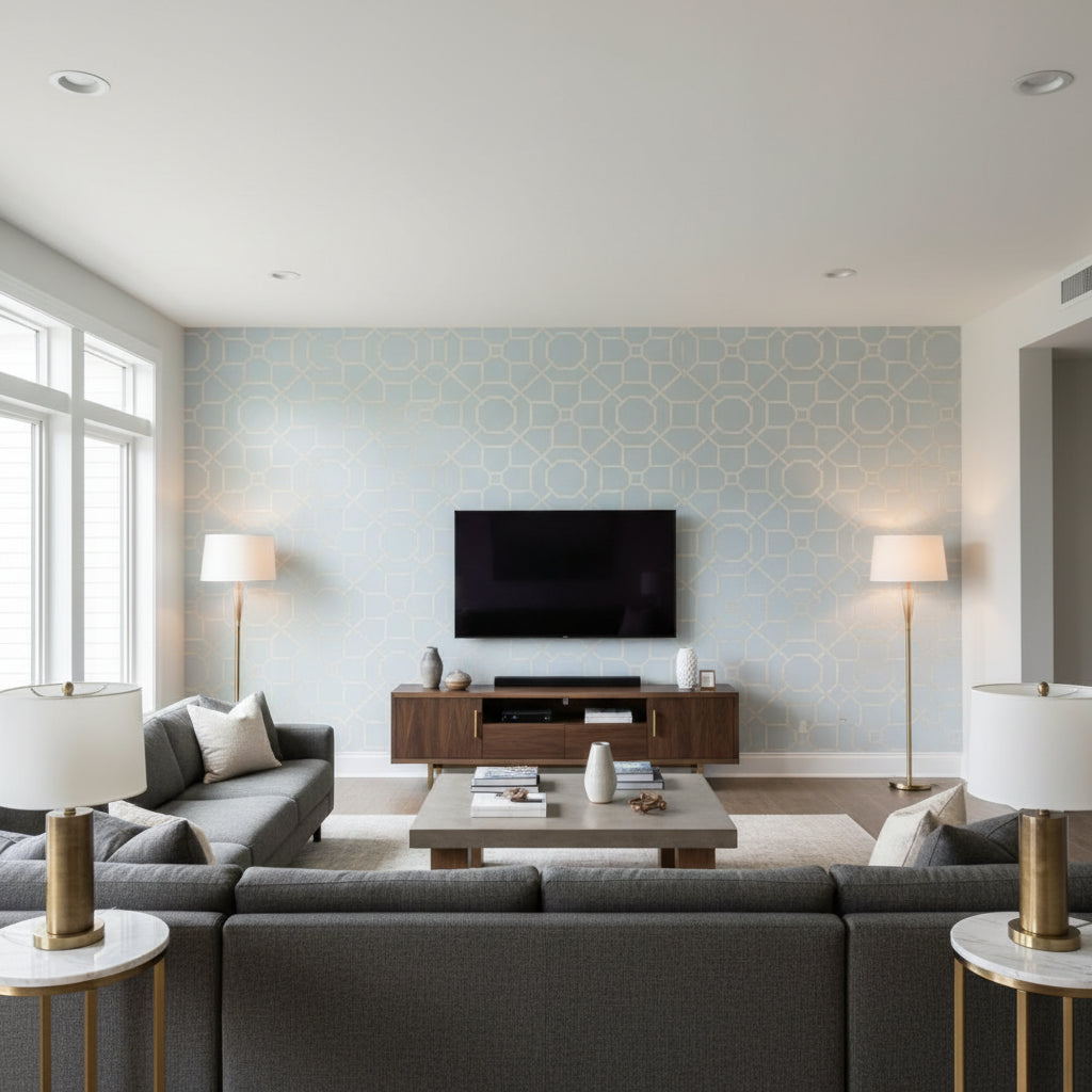 Arbor Spa Blue | Thibaut Wallcoverings - Living Room Visualization (AI-generated, may not be to scale. Verify pattern scale with product specifications.)