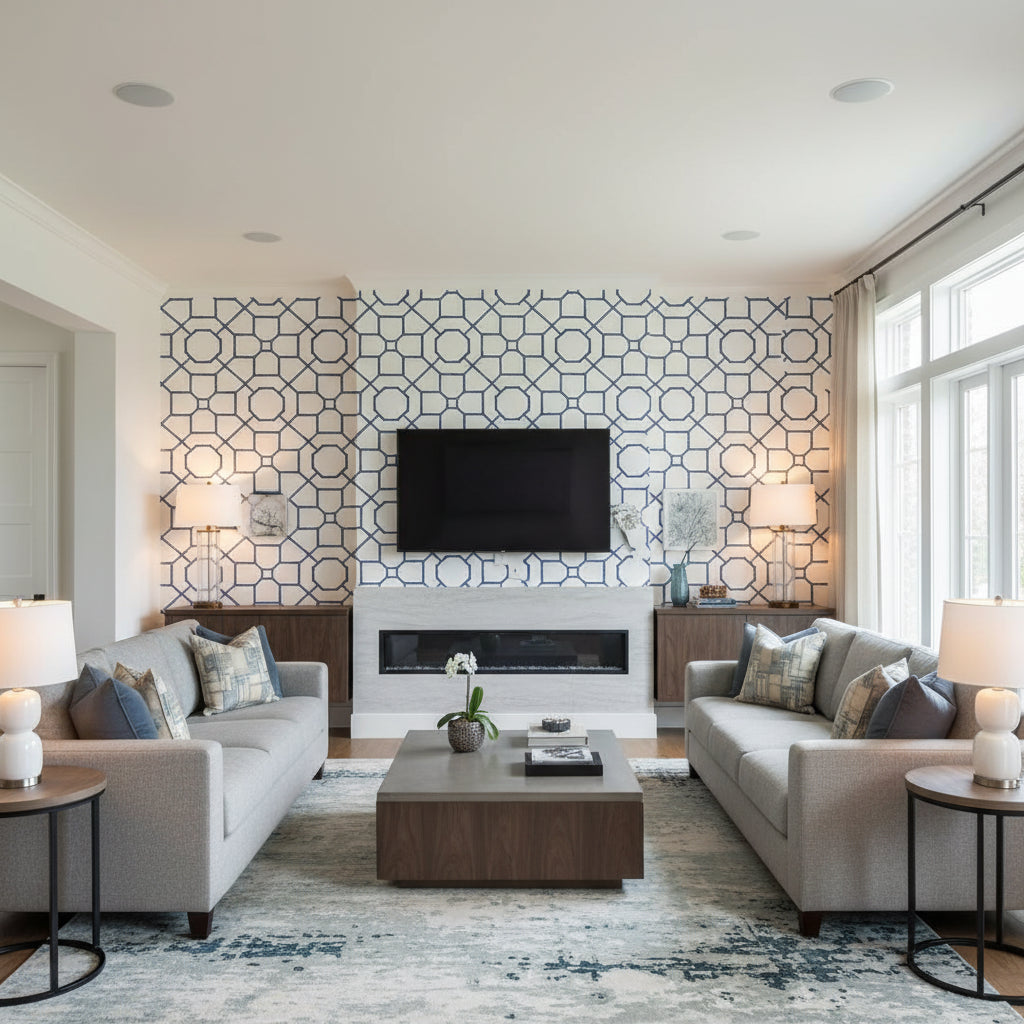 Arbor Navy | Thibaut Wallcoverings - Living Room Visualization (AI-generated, may not be to scale. Verify pattern scale with product specifications.)
