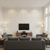 Arbor Flax | Thibaut Wallcoverings - Living Room Visualization (AI-generated, may not be to scale. Verify pattern scale with product specifications.)