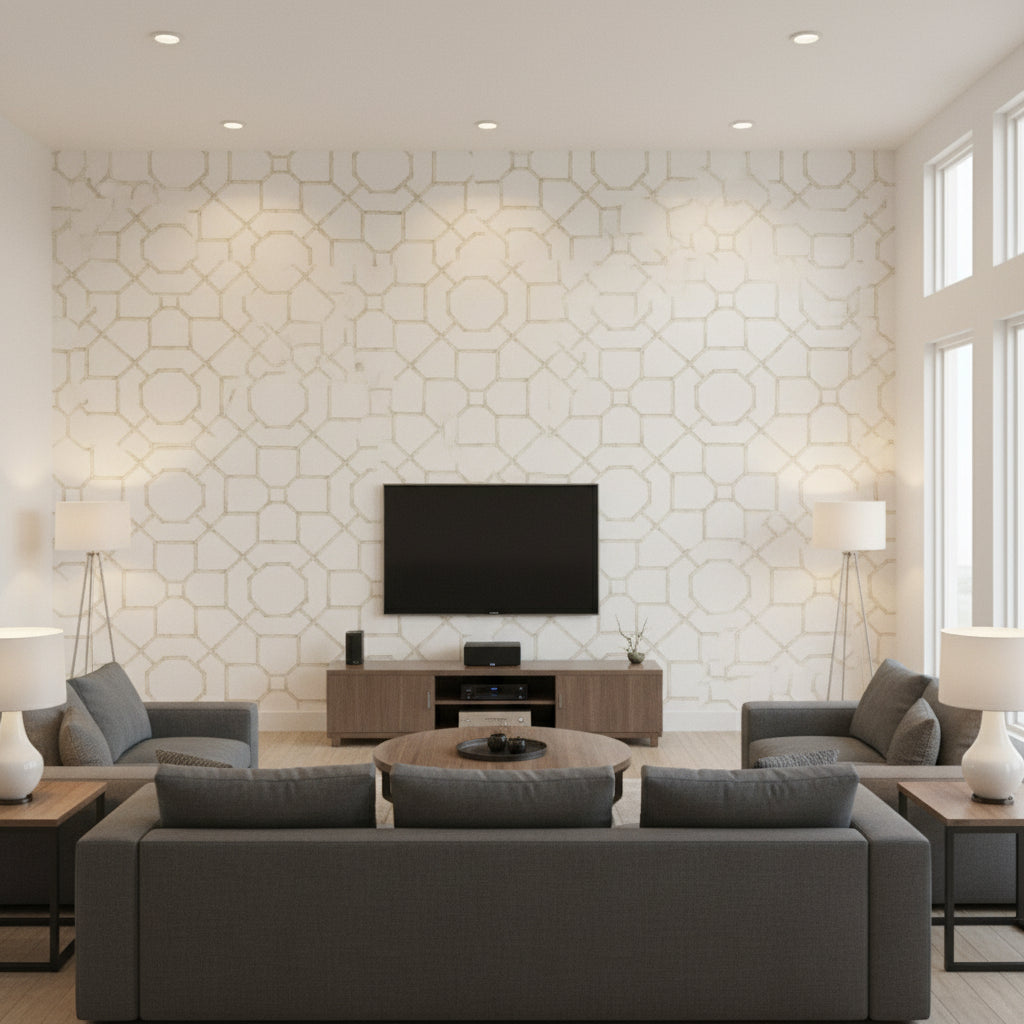 Arbor Flax | Thibaut Wallcoverings - Living Room Visualization (AI-generated, may not be to scale. Verify pattern scale with product specifications.)