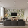 Jardin Bloom Branches Birds Mural White Wallpaper | Thibaut - Living Room Visualization (AI-generated, may not be to scale. Verify pattern scale with product specifications.)