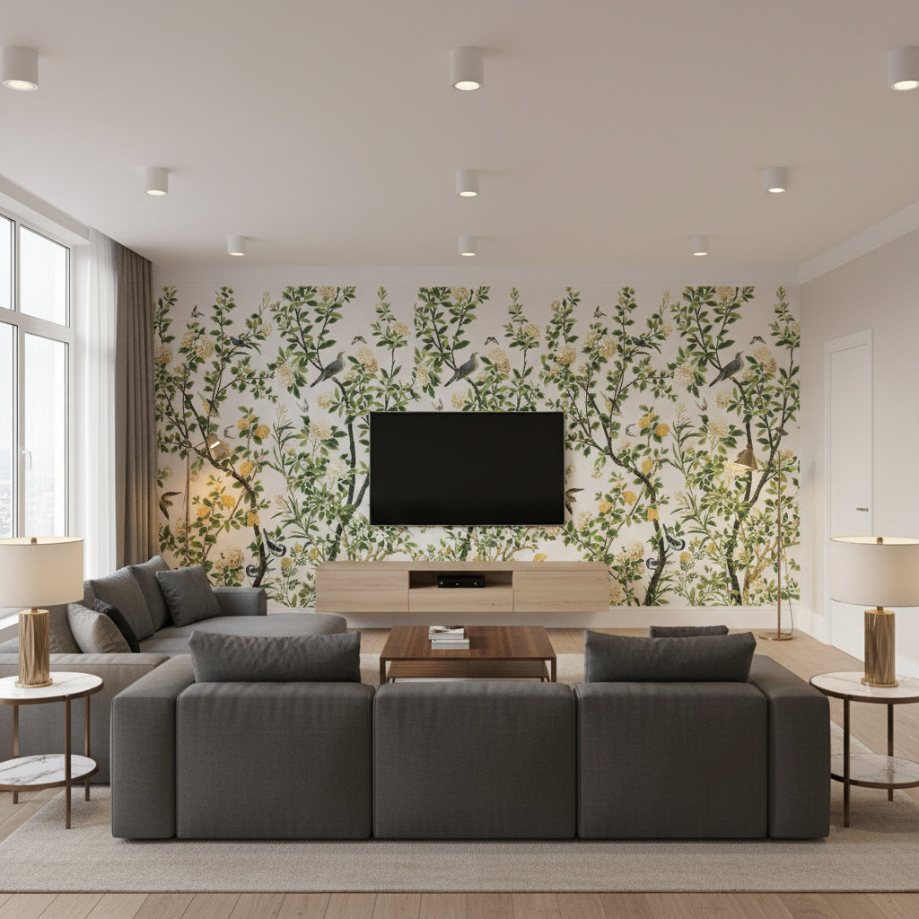 Jardin Bloom Branches Birds Mural White Wallpaper | Thibaut - Living Room Visualization (AI-generated, may not be to scale. Verify pattern scale with product specifications.)
