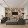 Jardin Bloom Branches Birds Mural Pink Wallpaper | Thibaut - Living Room Visualization (AI-generated, may not be to scale. Verify pattern scale with product specifications.)