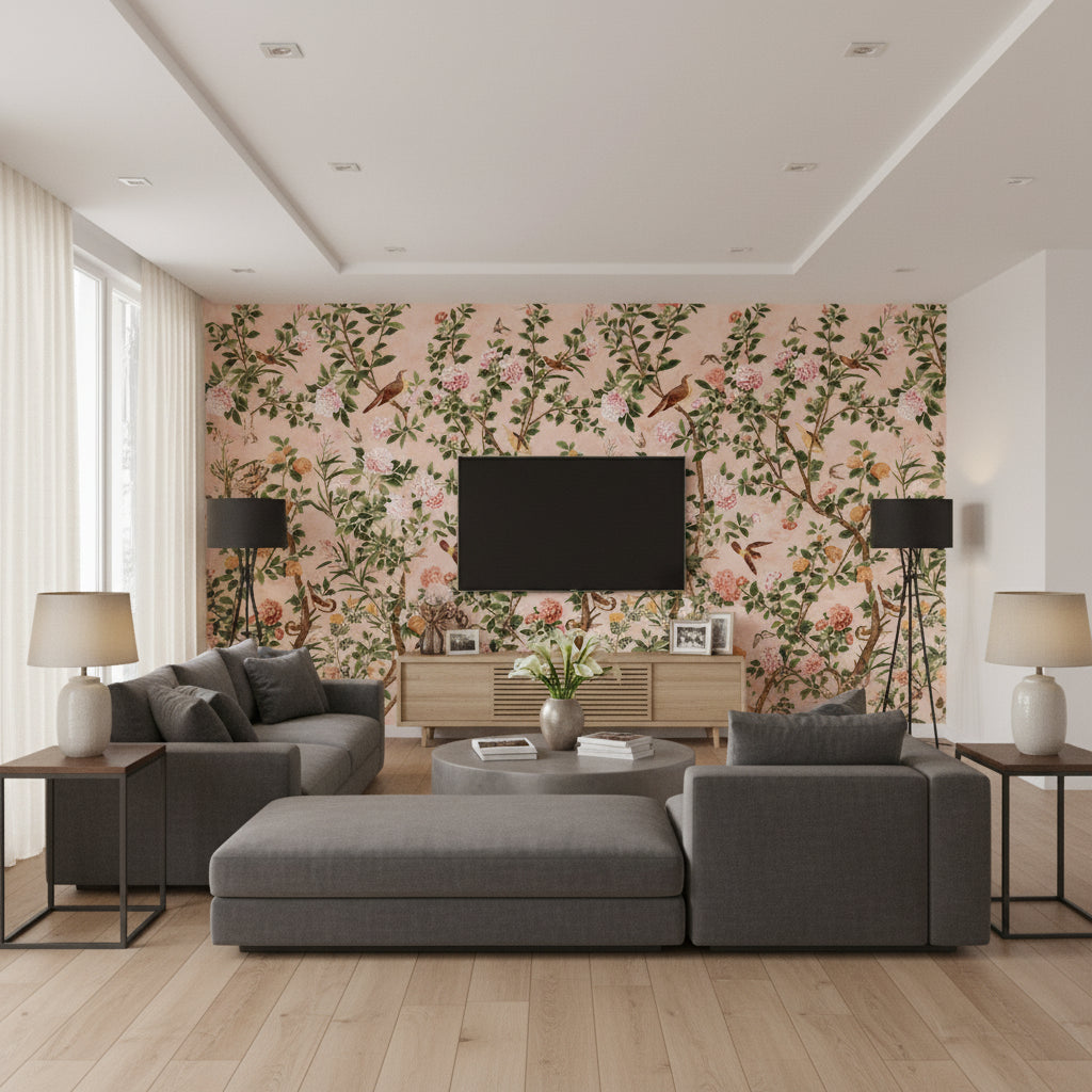 Jardin Bloom Branches Birds Mural Pink Wallpaper | Thibaut - Living Room Visualization (AI-generated, may not be to scale. Verify pattern scale with product specifications.)