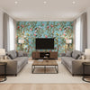Jardin Bloom Branches Birds Mural Turquoise Wallpaper | Thibaut - Living Room Visualization (AI-generated, may not be to scale. Verify pattern scale with product specifications.)