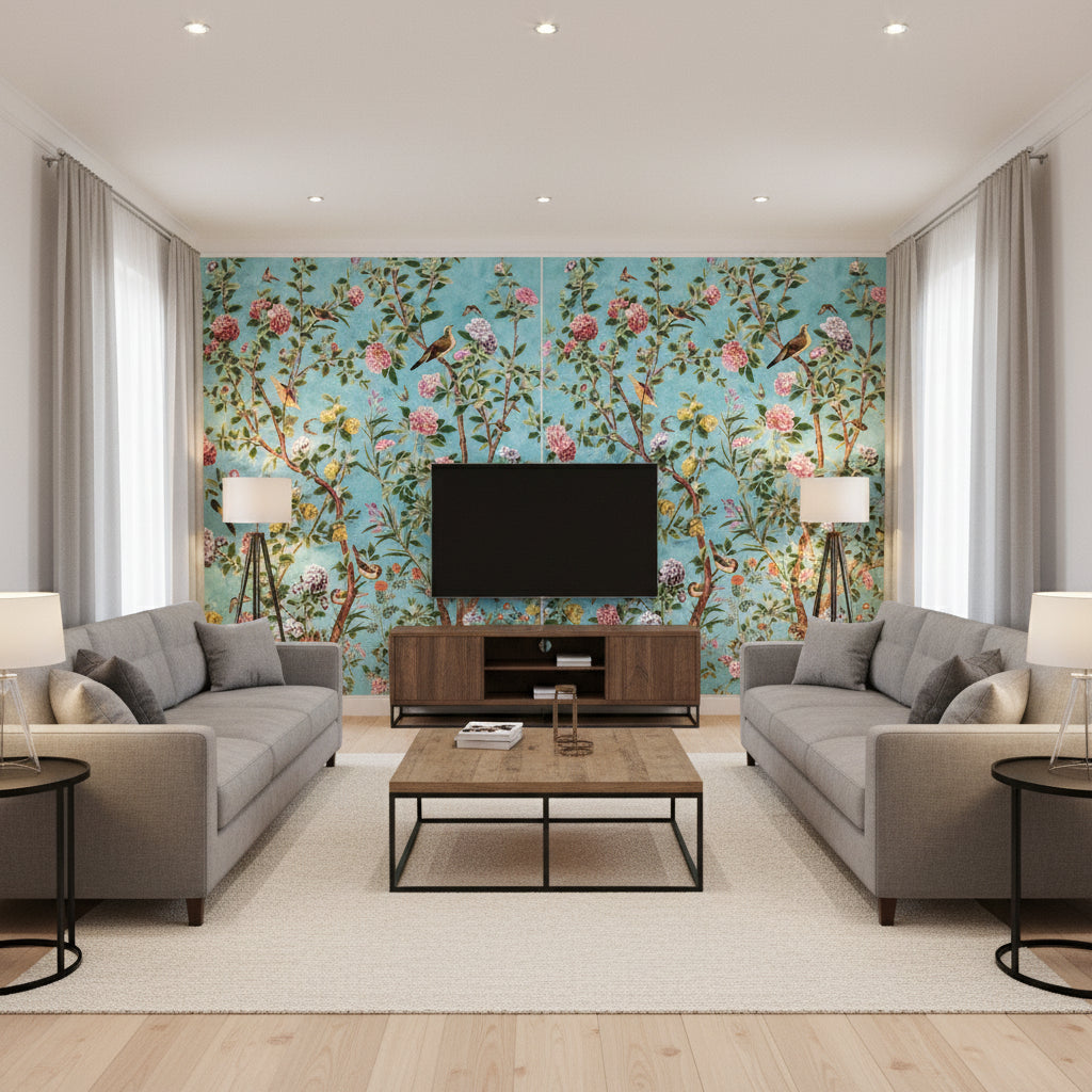 Jardin Bloom Branches Birds Mural Turquoise Wallpaper | Thibaut - Living Room Visualization (AI-generated, may not be to scale. Verify pattern scale with product specifications.)