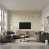 Japanese Garden Beige | Thibaut Wallcoverings - Living Room Visualization (AI-generated, may not be to scale. Verify pattern scale with product specifications.)