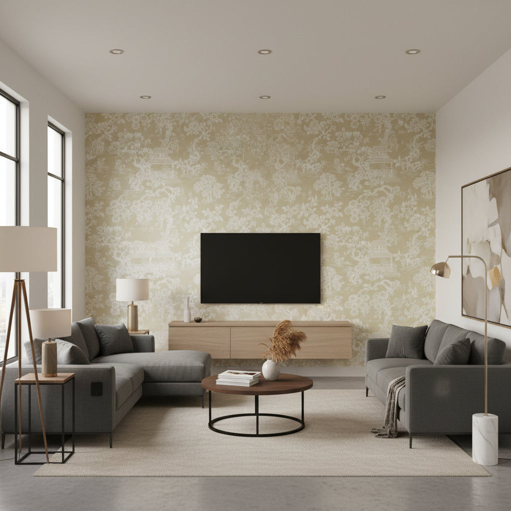 Japanese Garden Beige | Thibaut Wallcoverings - Living Room Visualization (AI-generated, may not be to scale. Verify pattern scale with product specifications.)