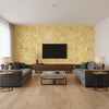 Japanese Garden Yellow | Thibaut Wallcoverings - Living Room Visualization (AI-generated, may not be to scale. Verify pattern scale with product specifications.)