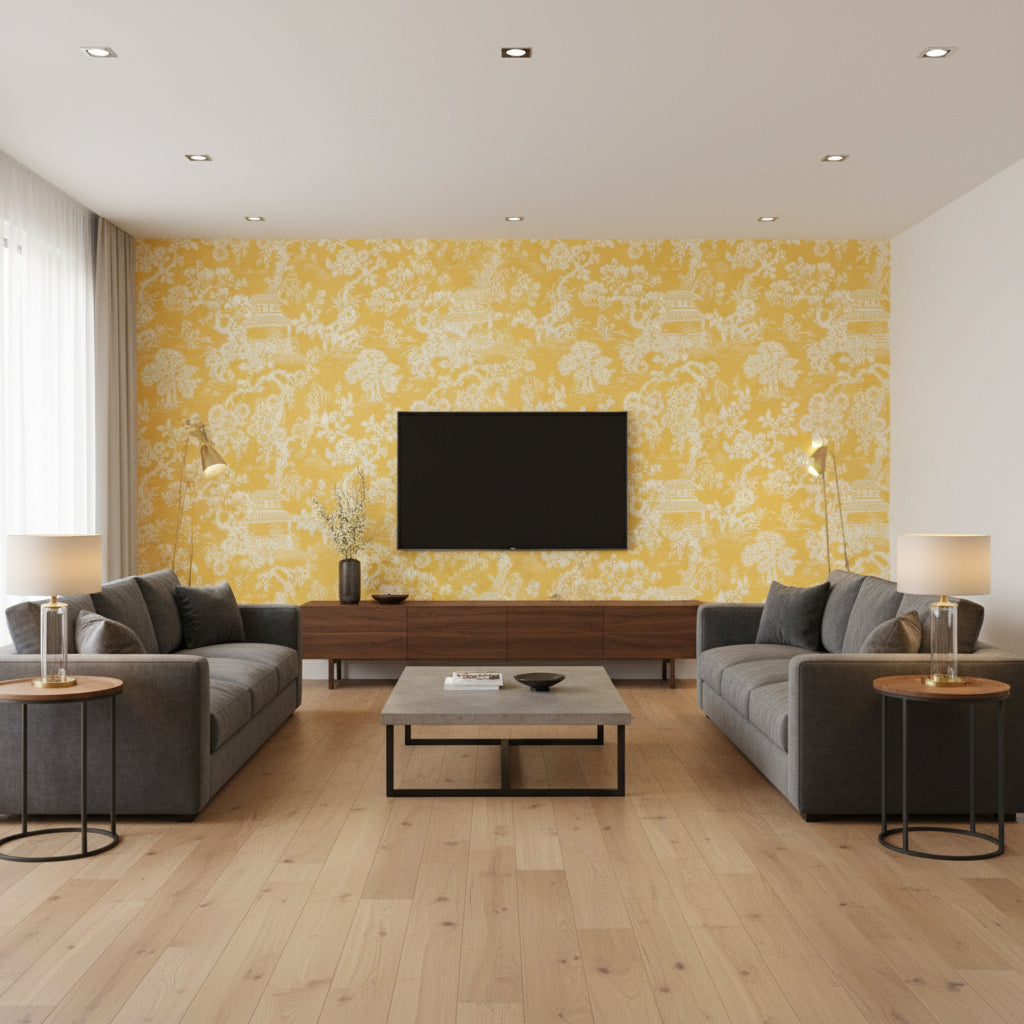 Japanese Garden Yellow | Thibaut Wallcoverings - Living Room Visualization (AI-generated, may not be to scale. Verify pattern scale with product specifications.)