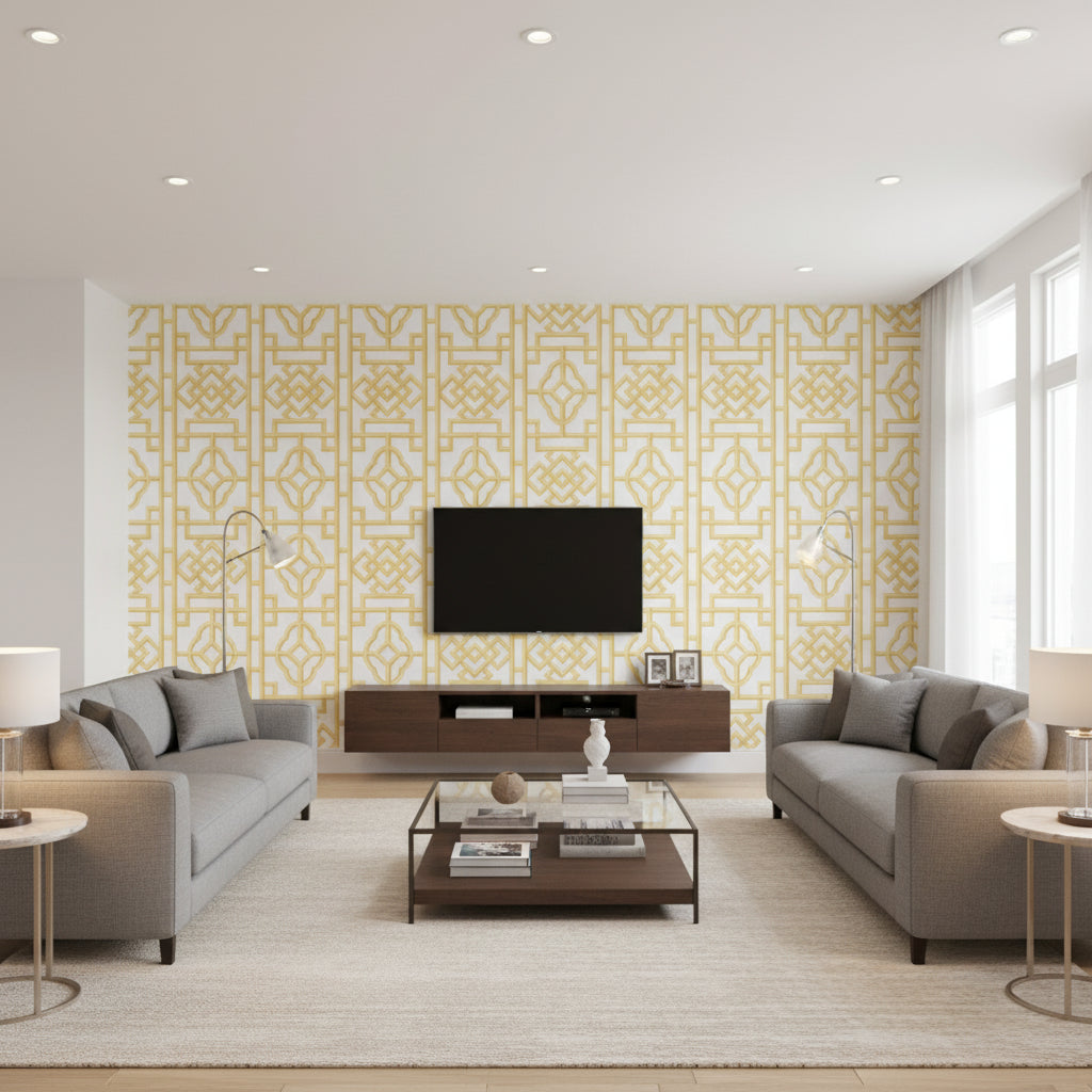 Gateway Yellow | Thibaut Wallcoverings - Living Room Visualization (AI-generated, may not be to scale. Verify pattern scale with product specifications.)
