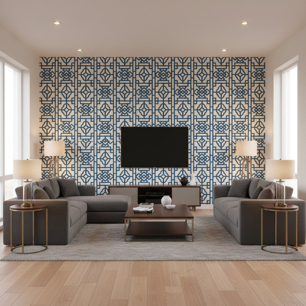 Gateway Navy | Thibaut Wallcoverings - Living Room Visualization (AI-generated, may not be to scale. Verify pattern scale with product specifications.)