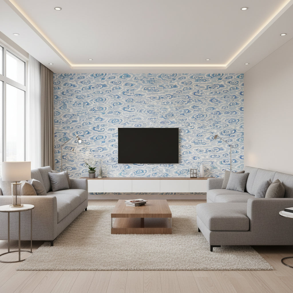 Clear Clouds Blue | Thibaut Wallcoverings - Living Room Visualization (AI-generated, may not be to scale. Verify pattern scale with product specifications.)