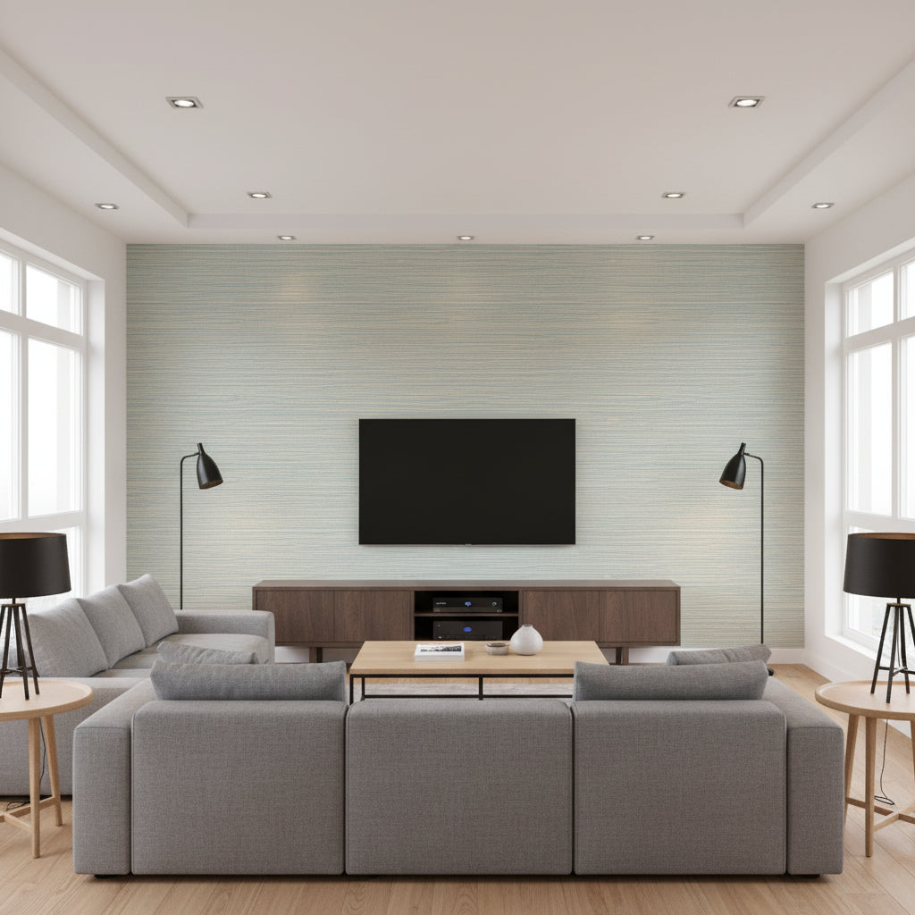 St. Thomas Mineral | Thibaut Wallcoverings - Living Room Visualization (AI-generated, may not be to scale. Verify pattern scale with product specifications.)