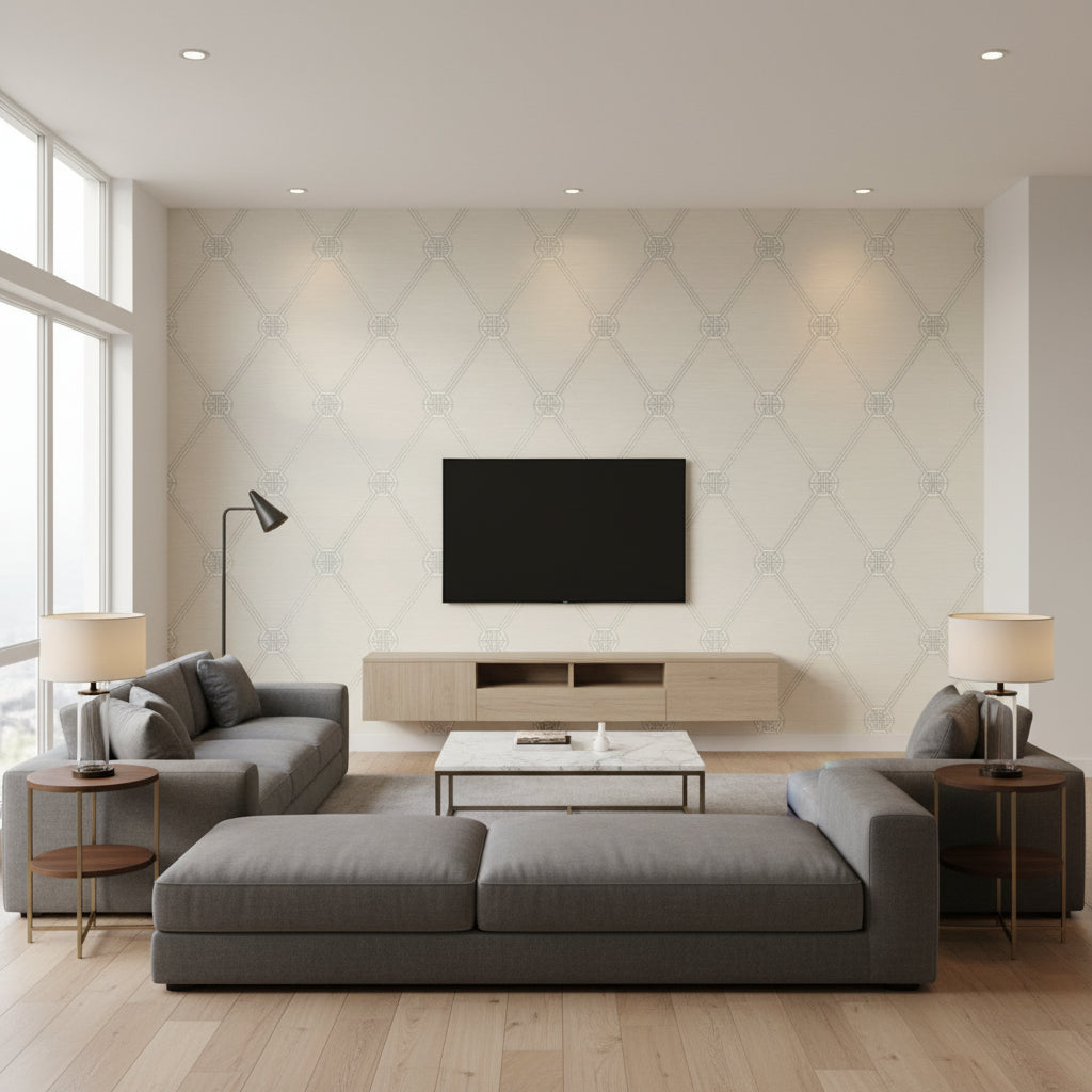 Turnberry Trellis Neutral | Thibaut Wallcoverings - Living Room Visualization (AI-generated, may not be to scale. Verify pattern scale with product specifications.)