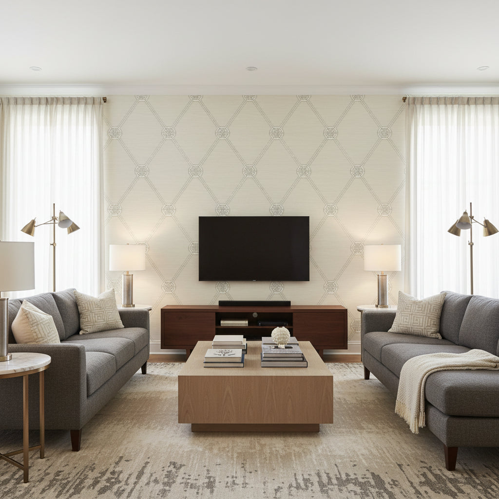 Turnberry Trellis Neutral | Thibaut Wallcoverings - Living Room Visualization (AI-generated, may not be to scale. Verify pattern scale with product specifications.)