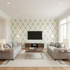 Turnberry Trellis Beige and Green | Thibaut Wallcoverings - Living Room Visualization (AI-generated, may not be to scale. Verify pattern scale with product specifications.)